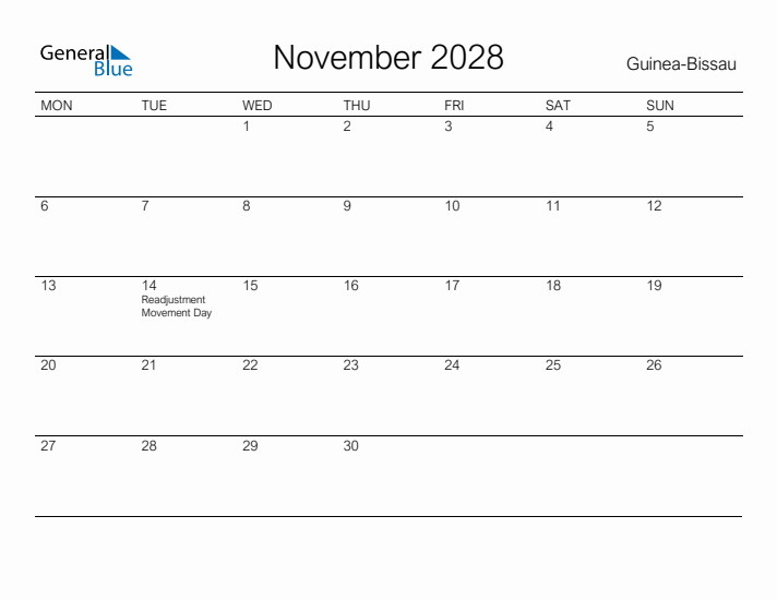 Printable November 2028 Calendar for Guinea-Bissau
