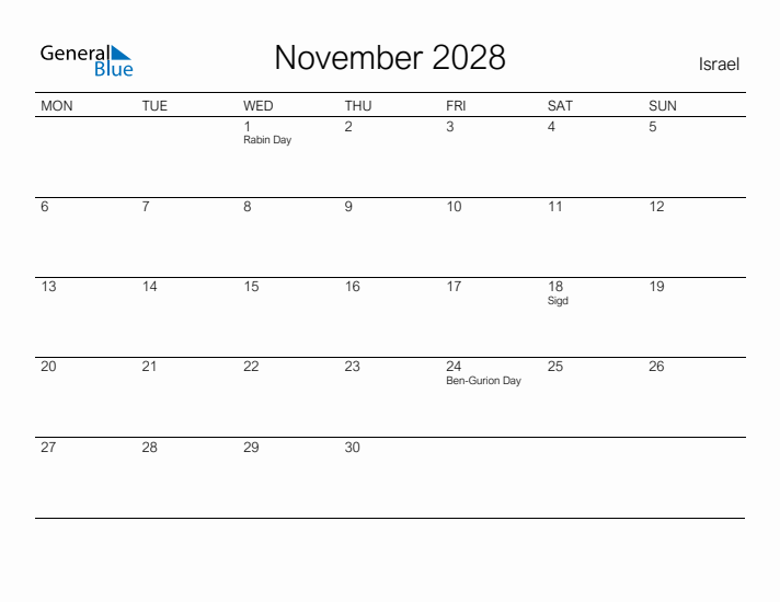 Printable November 2028 Calendar for Israel