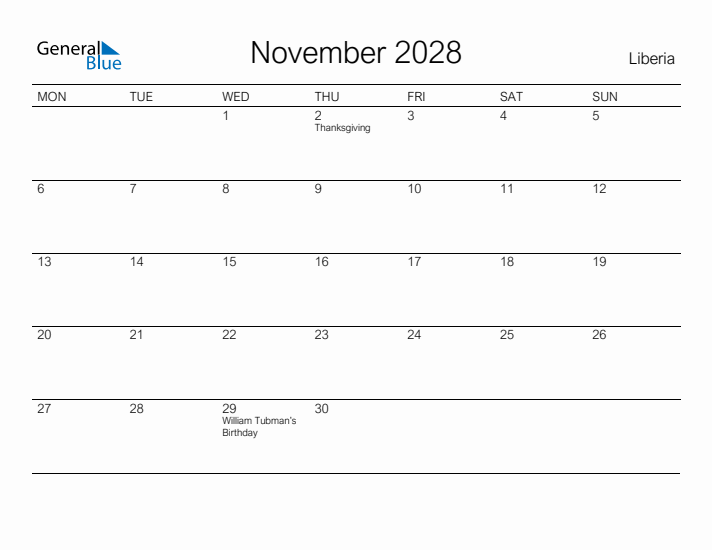 Printable November 2028 Calendar for Liberia