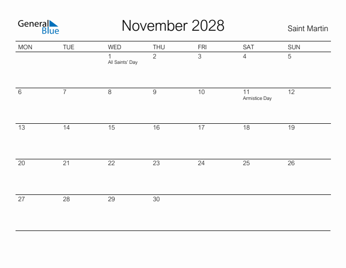 Printable November 2028 Calendar for Saint Martin