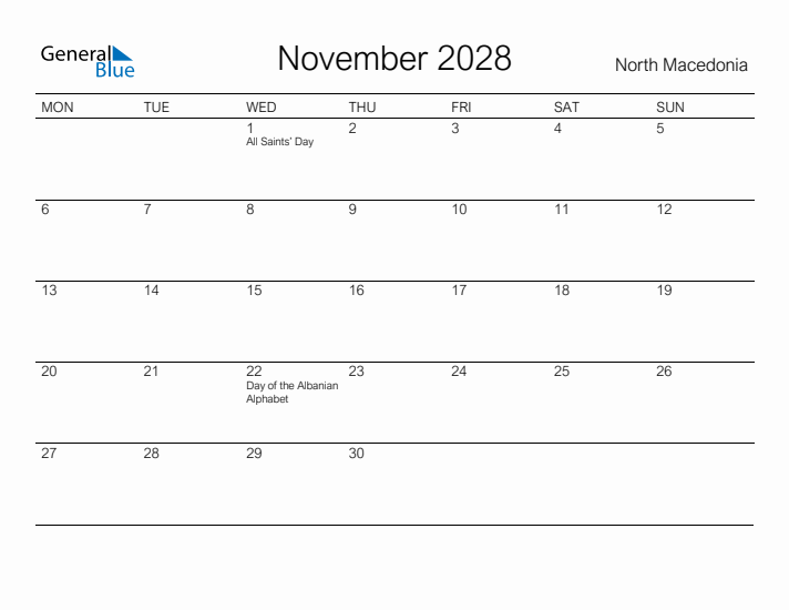 Printable November 2028 Calendar for North Macedonia