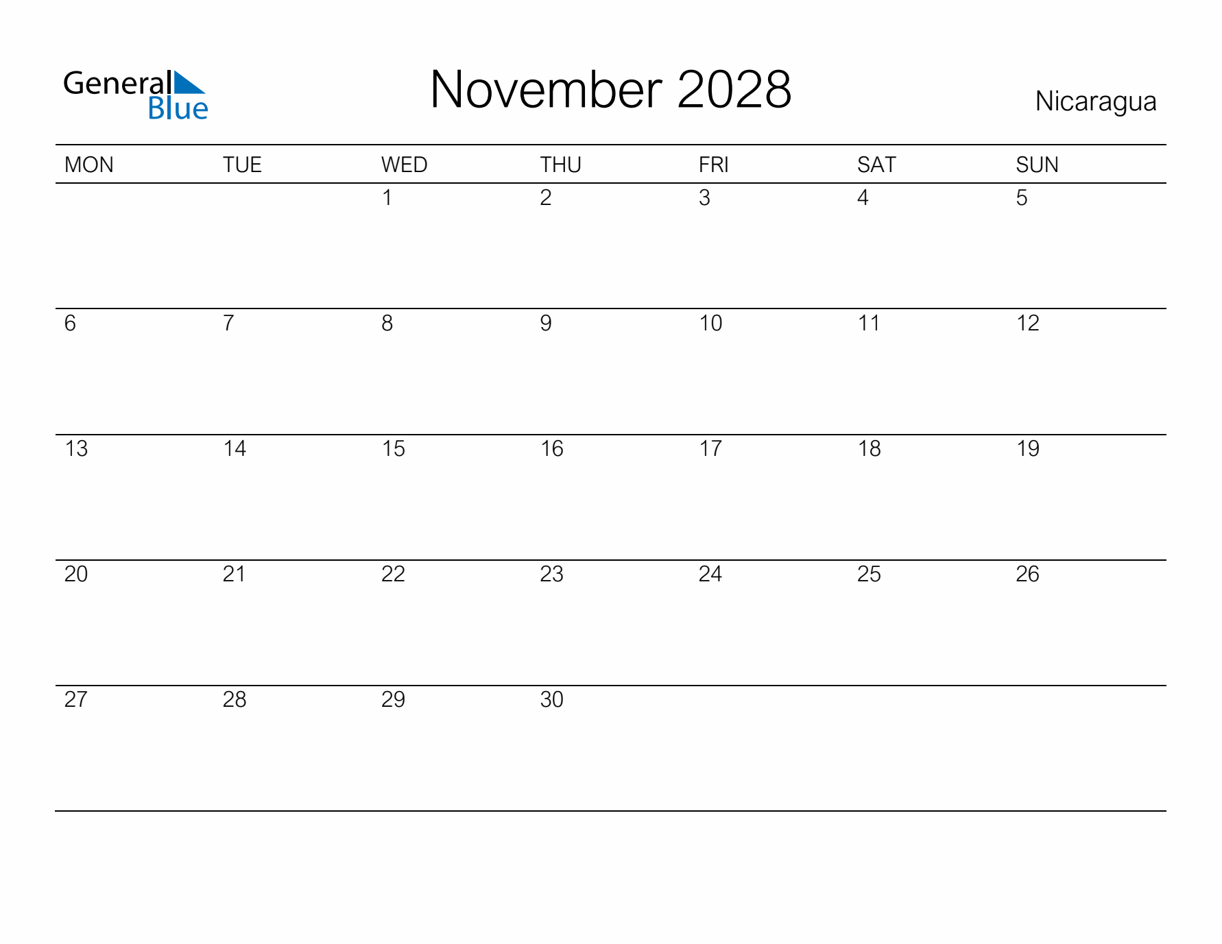 Printable November 2028 Calendar for Nicaragua