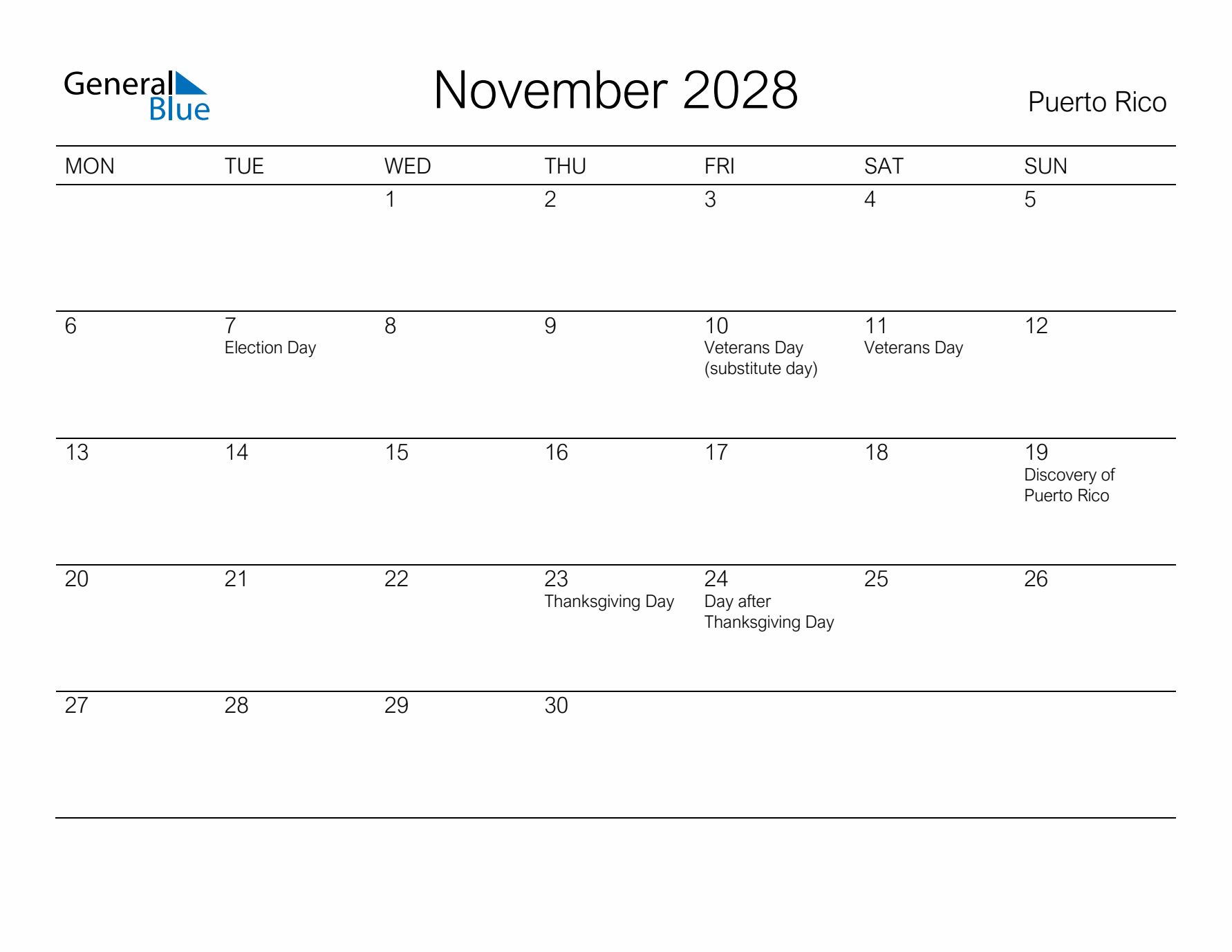 Printable November 2028 Calendar for Puerto Rico
