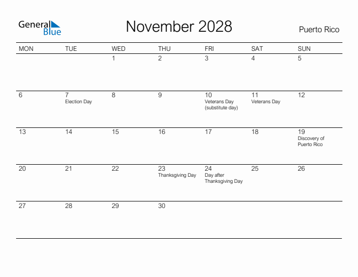 Printable November 2028 Calendar for Puerto Rico