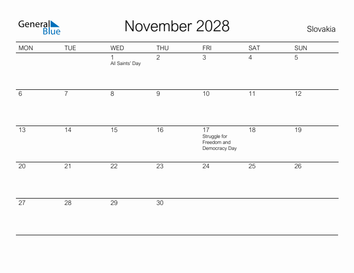 Printable November 2028 Calendar for Slovakia