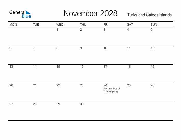 Printable November 2028 Calendar for Turks and Caicos Islands