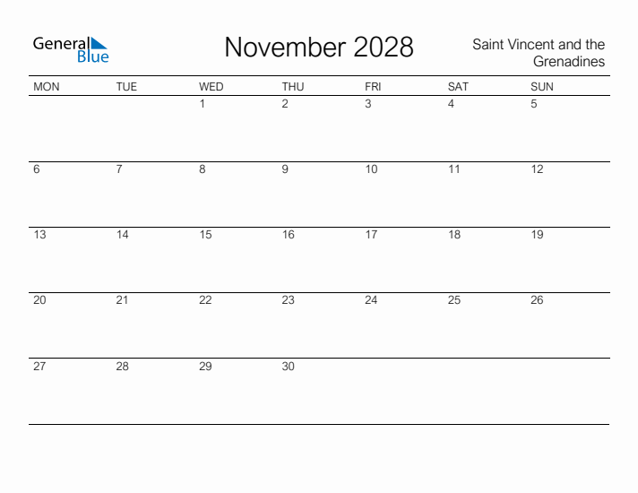 Printable November 2028 Calendar for Saint Vincent and the Grenadines