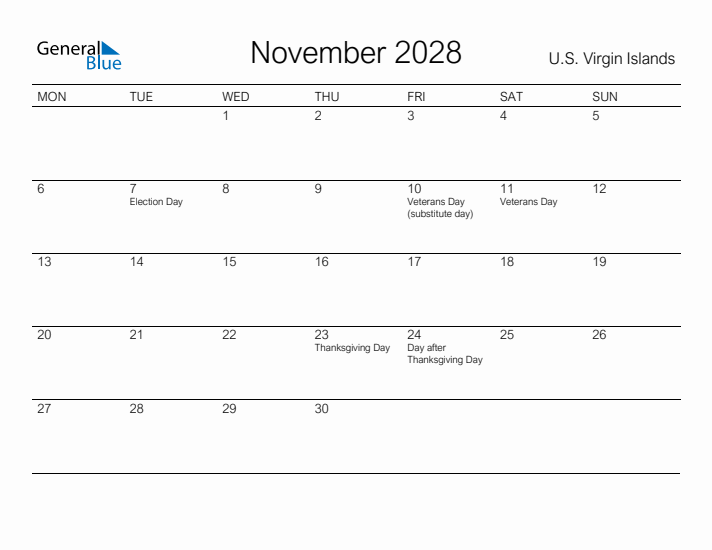 Printable November 2028 Calendar for U.S. Virgin Islands