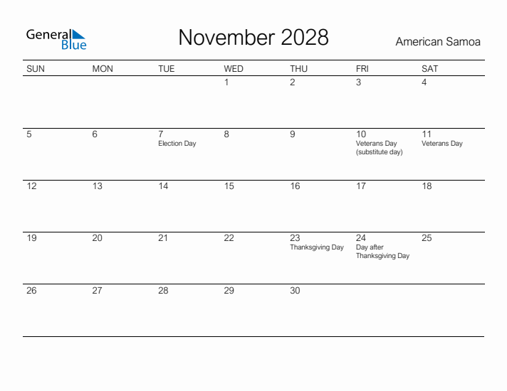 Printable November 2028 Calendar for American Samoa