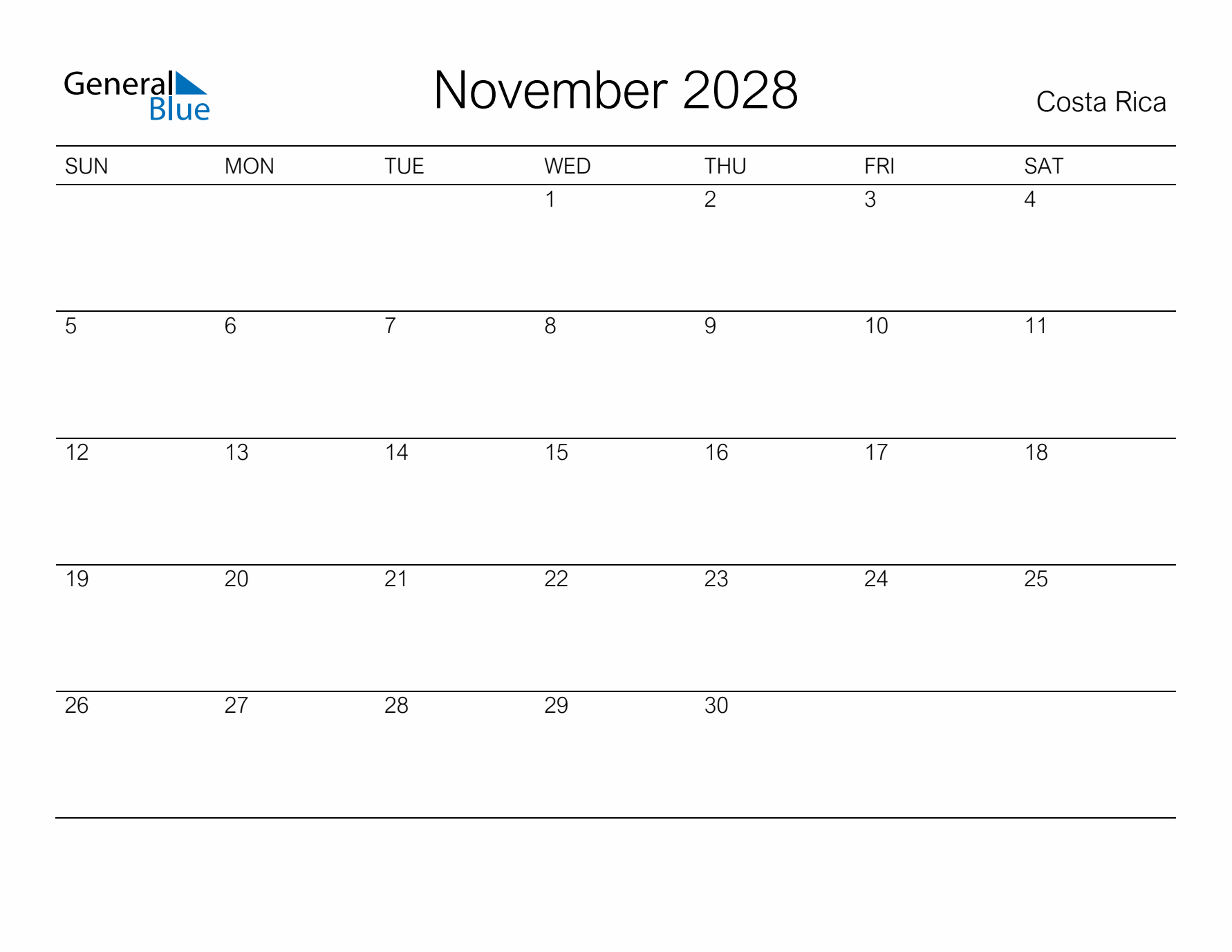 Printable November 2028 Calendar for Costa Rica