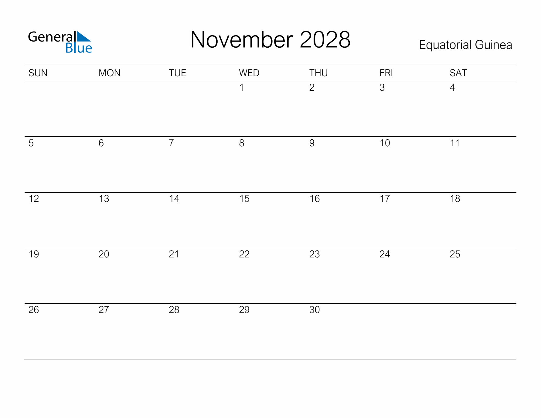 Printable November 2028 Calendar for Equatorial Guinea