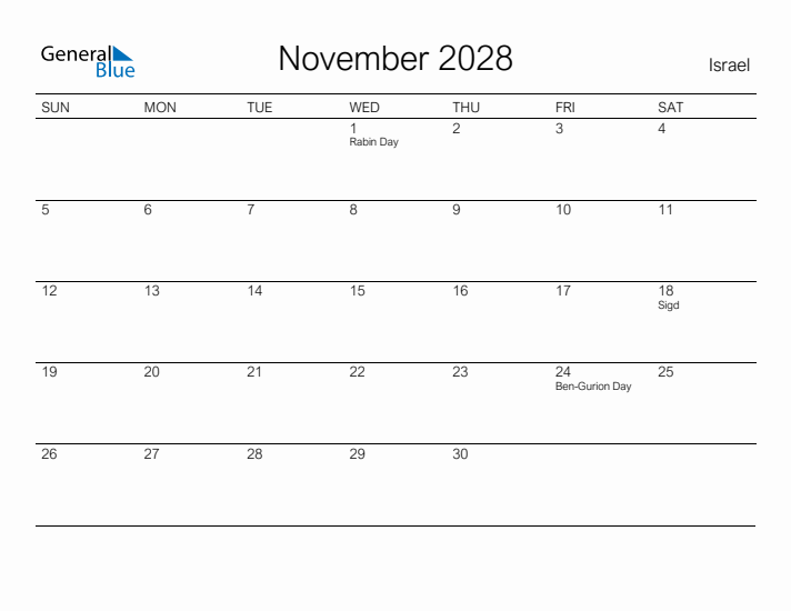 Printable November 2028 Calendar for Israel