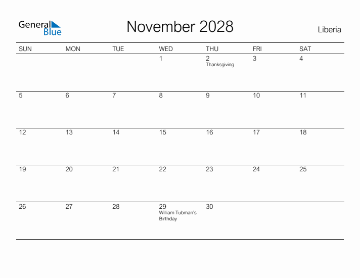 Printable November 2028 Calendar for Liberia