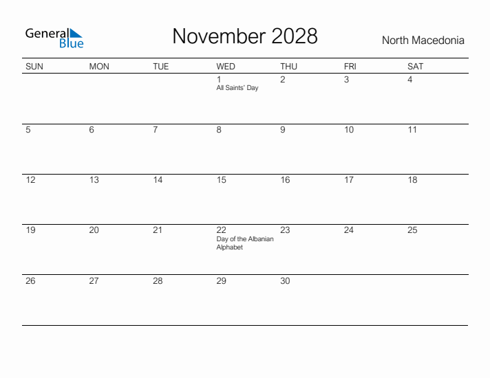 Printable November 2028 Calendar for North Macedonia
