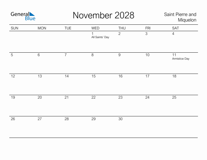 Printable November 2028 Calendar for Saint Pierre and Miquelon