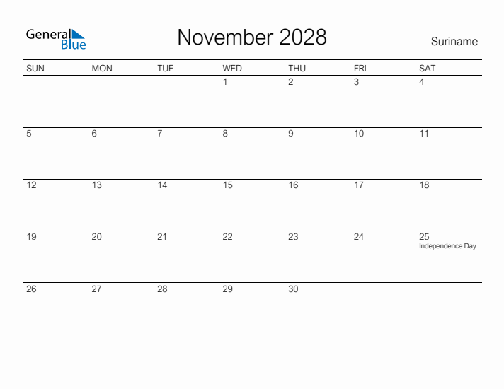 Printable November 2028 Calendar for Suriname