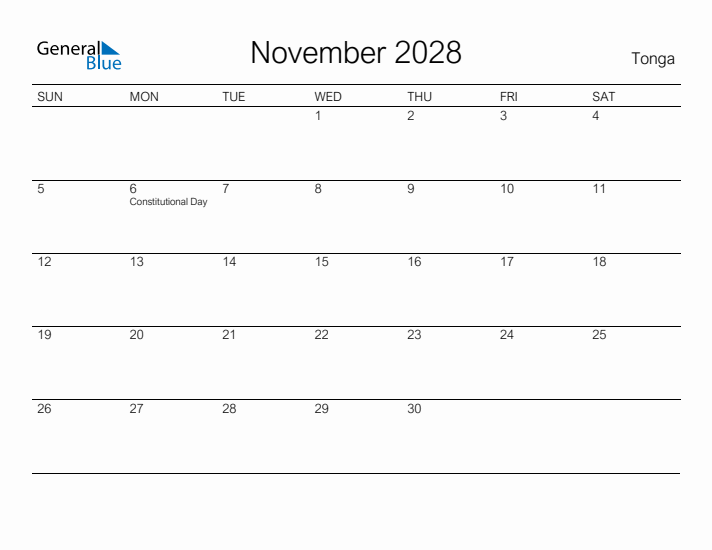 Printable November 2028 Calendar for Tonga