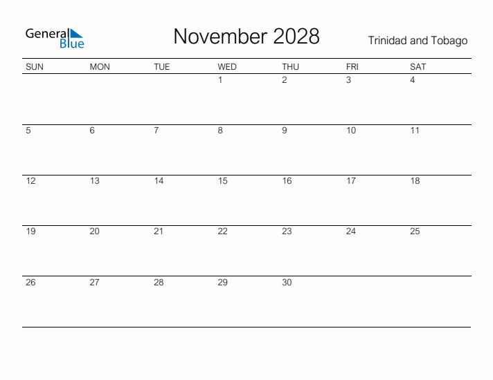 Printable November 2028 Calendar for Trinidad and Tobago