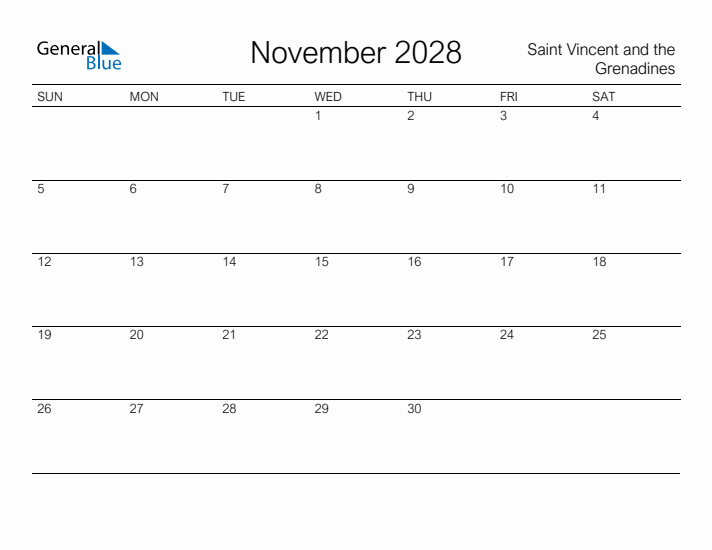 Printable November 2028 Calendar for Saint Vincent and the Grenadines