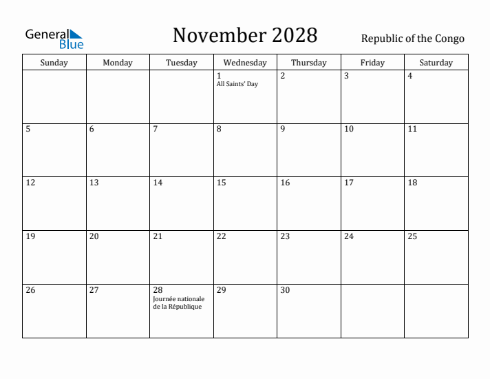November 2028 Calendar Republic of the Congo