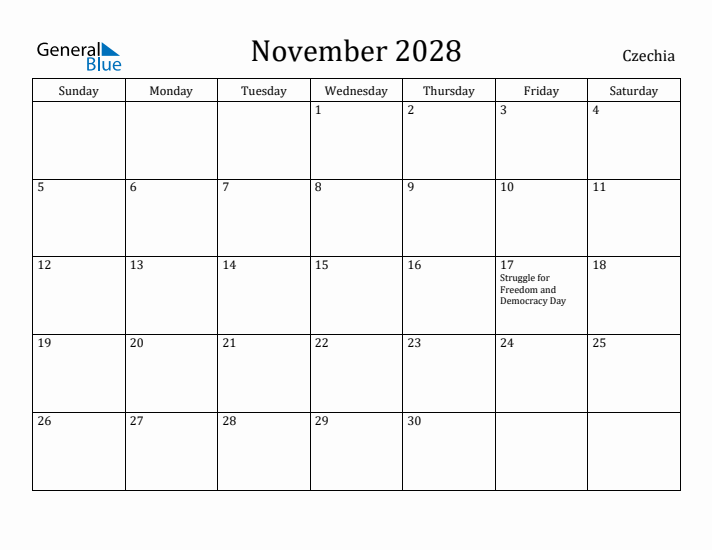 November 2028 Calendar Czechia