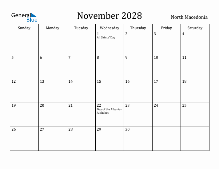 November 2028 Calendar North Macedonia