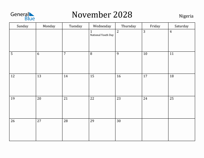 November 2028 Calendar Nigeria
