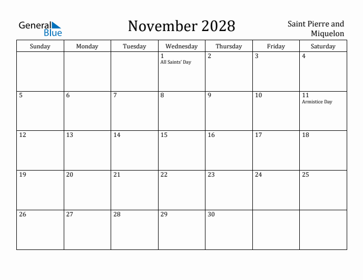 November 2028 Calendar Saint Pierre and Miquelon