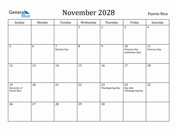 November 2028 Calendar Puerto Rico