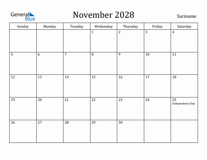 November 2028 Calendar Suriname