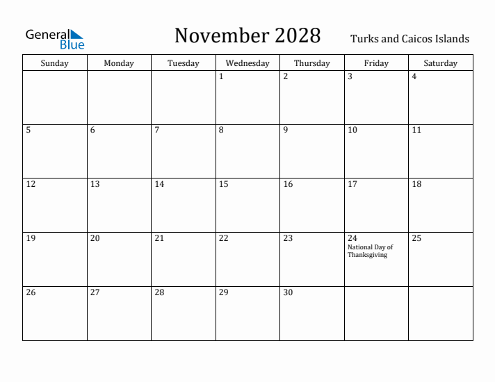 November 2028 Calendar Turks and Caicos Islands