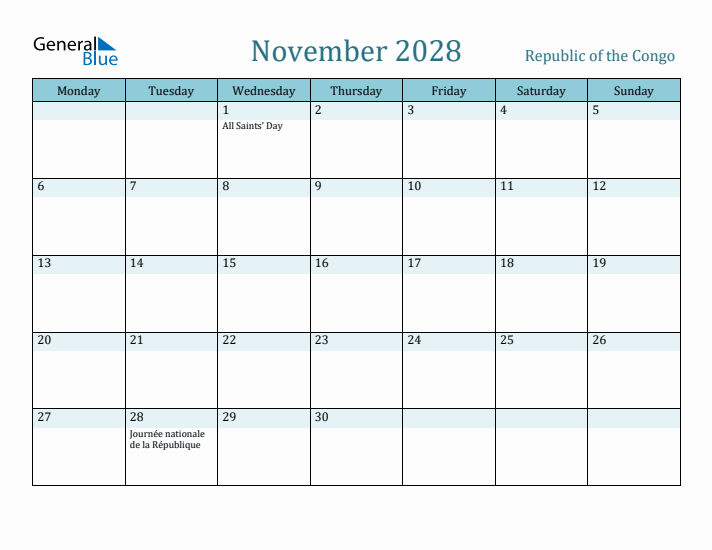 November 2028 Calendar with Holidays