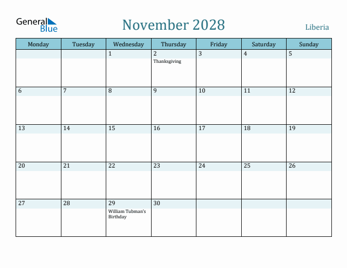 November 2028 Calendar with Holidays