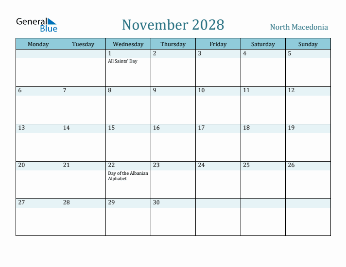 November 2028 Calendar with Holidays