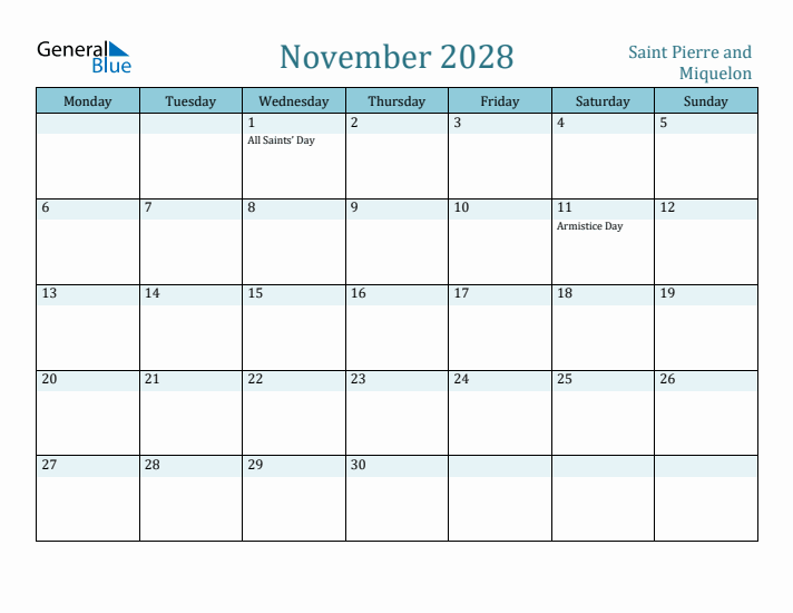November 2028 Calendar with Holidays