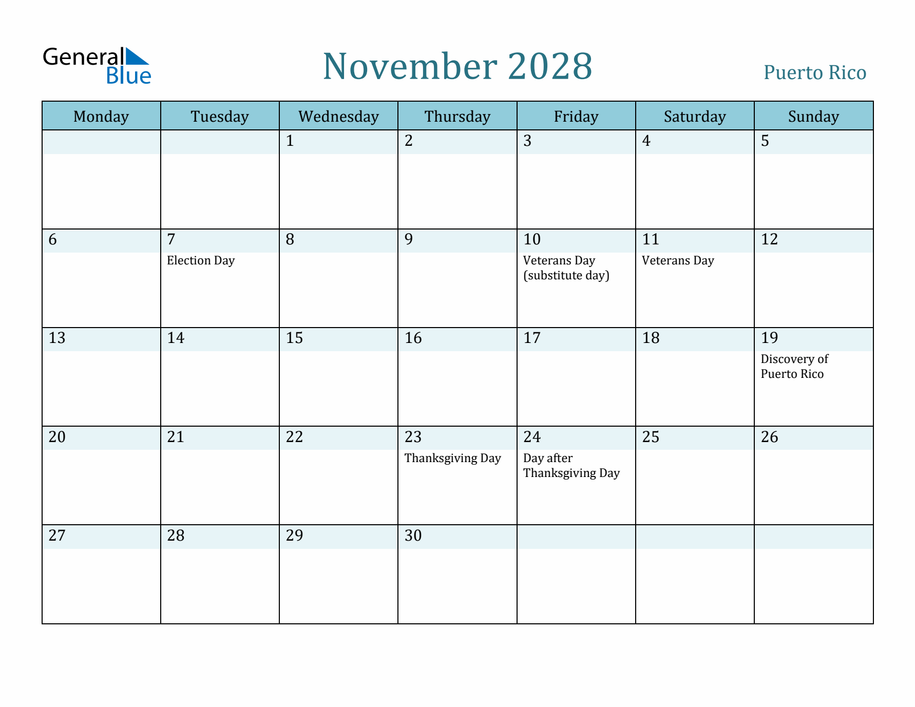 November 2028 Calendar with Holidays