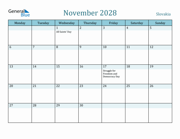November 2028 Calendar with Holidays