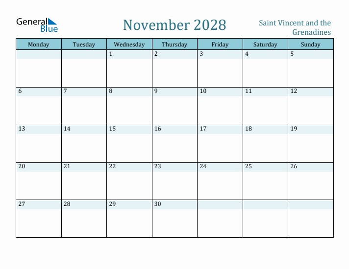 November 2028 Calendar with Holidays