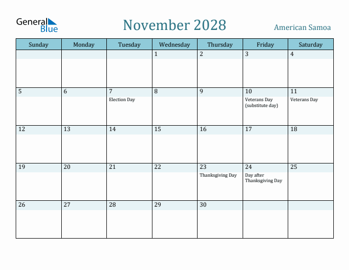 November 2028 Calendar with Holidays