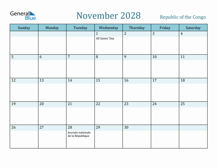 November 2028 Calendar with Holidays