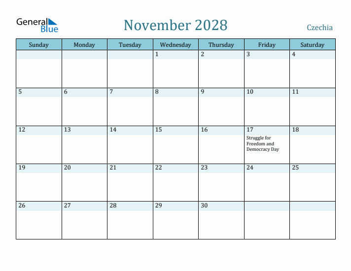 November 2028 Calendar with Holidays
