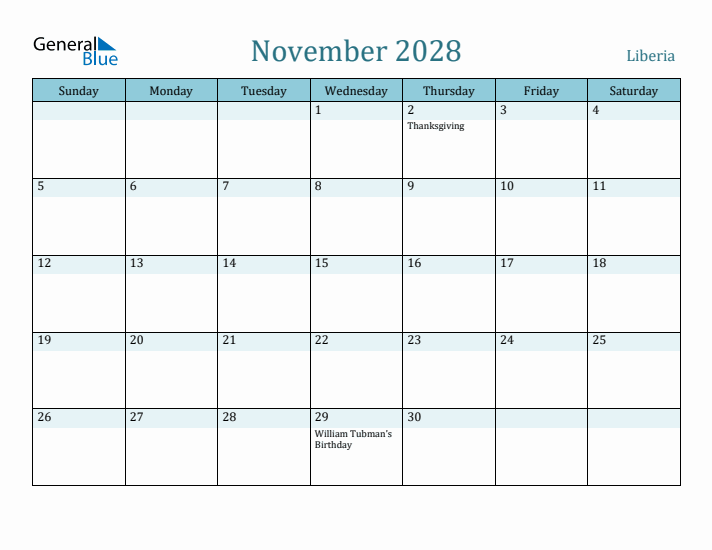 November 2028 Calendar with Holidays