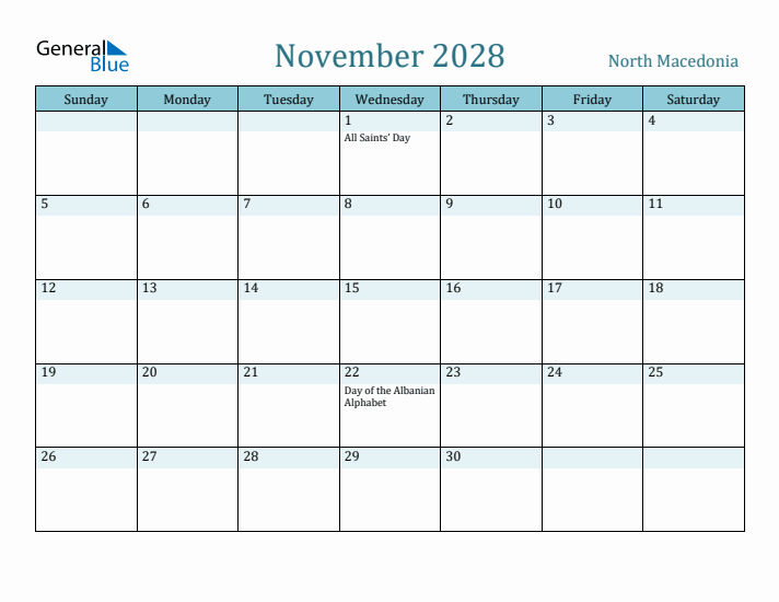 November 2028 Calendar with Holidays