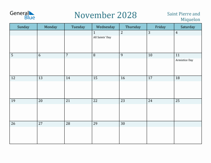 November 2028 Calendar with Holidays