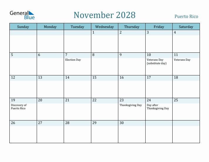 November 2028 Calendar with Holidays
