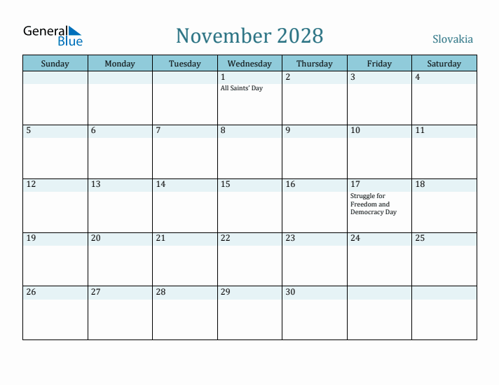 November 2028 Calendar with Holidays