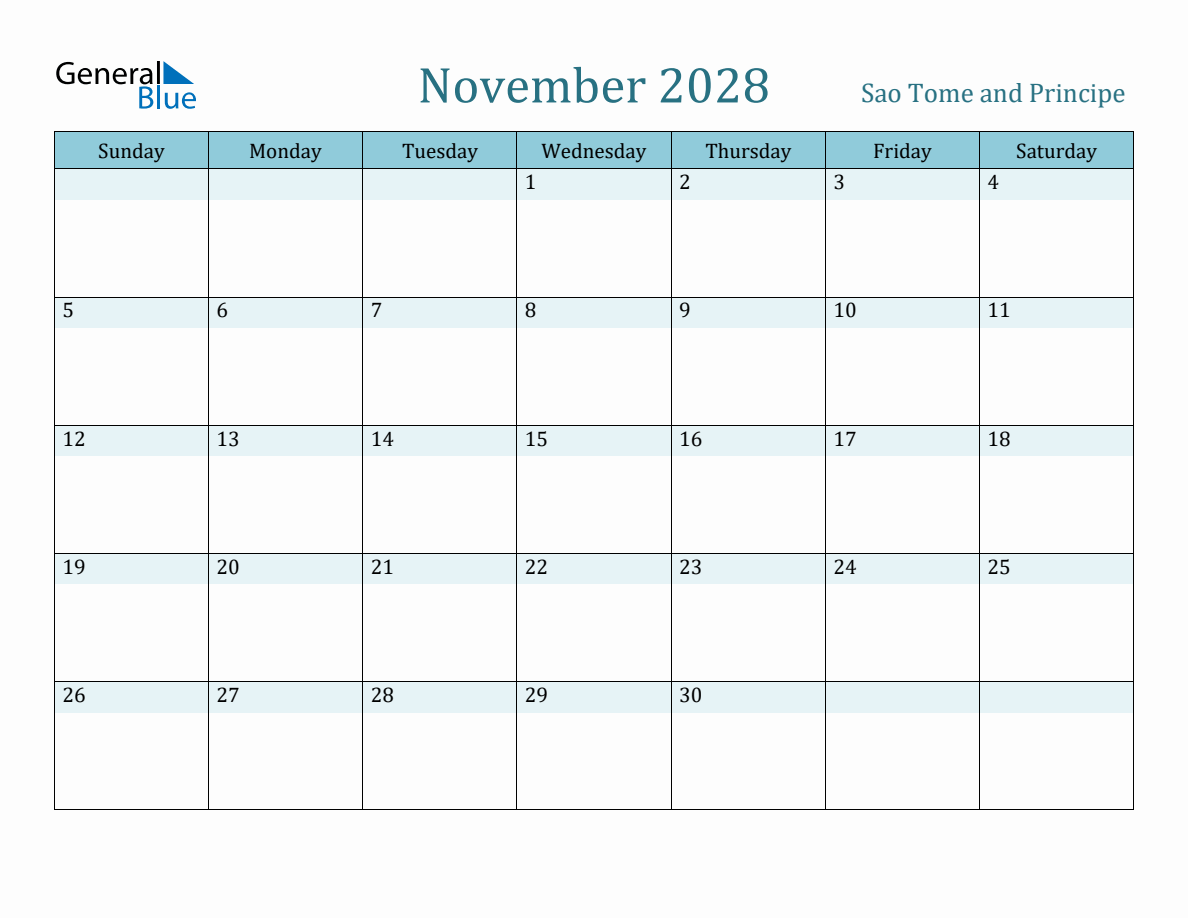 Sao Tome and Principe Holiday Calendar for November 2028