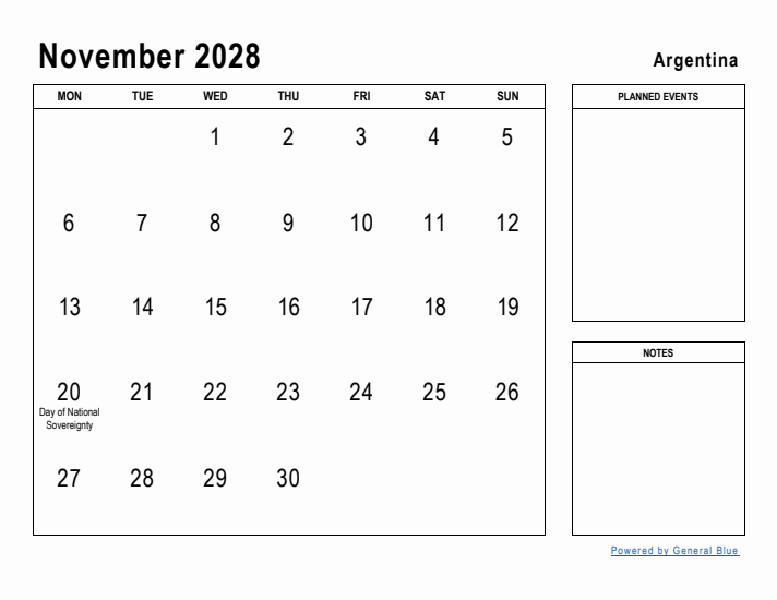 November 2028 Printable Monthly Calendar with Argentina Holidays