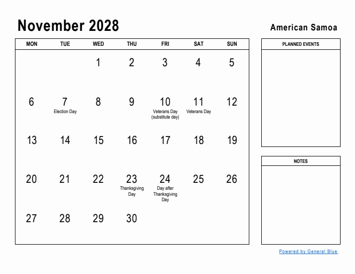 November 2028 Printable Monthly Calendar with American Samoa Holidays
