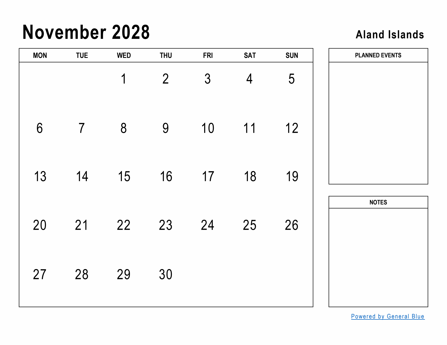 November 2028 Printable Monthly Calendar with Aland Islands Holidays